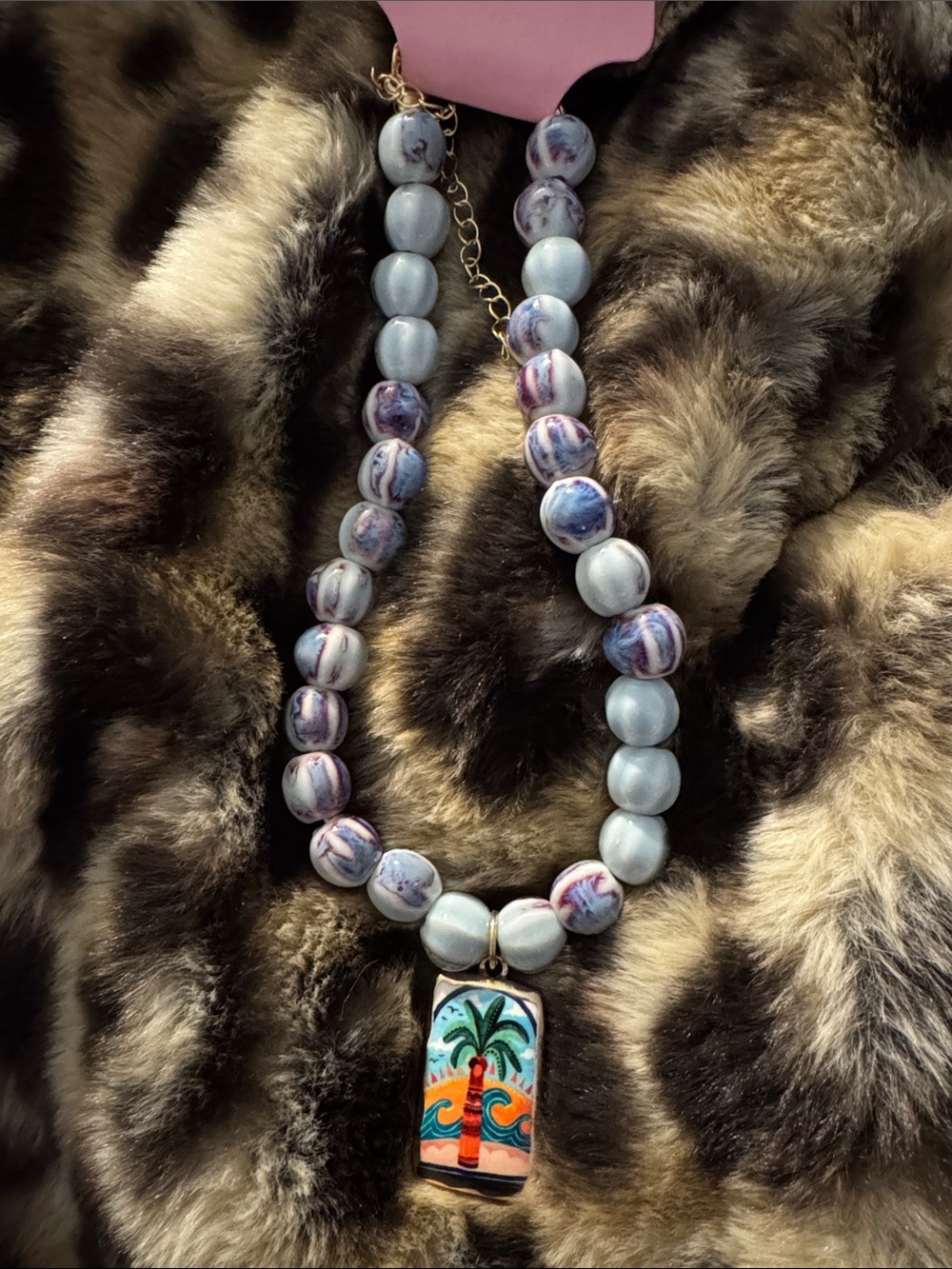 Tropical Palm Tree Beaded Necklace - Blue & Purple
